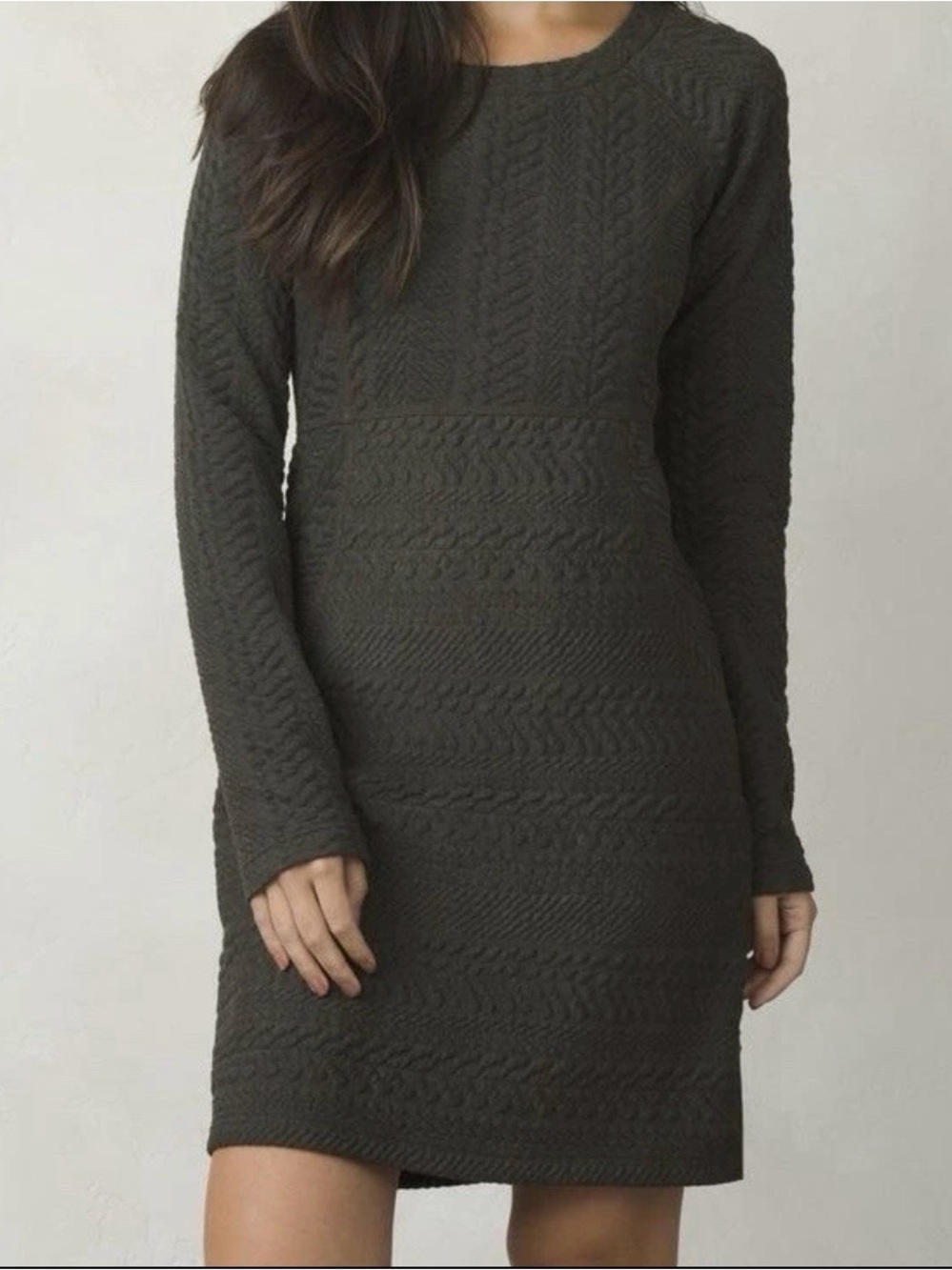 prAna Women’s Macee Long Sleeve Dress Sz S Dark Olive Green Jacquard Knee Length
